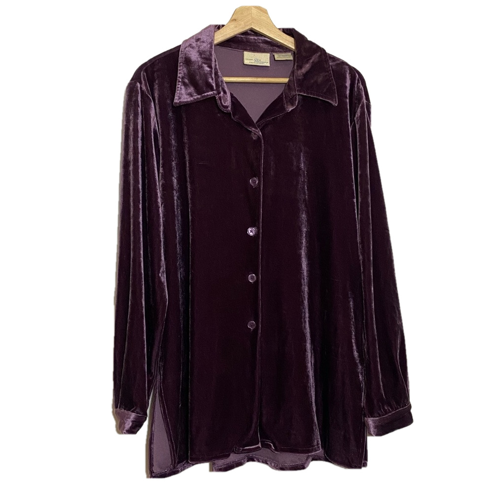 Penman women’s purple velvet button down long sleeves collared whimsigoth top L